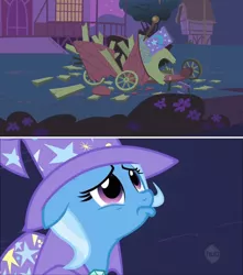 Size: 1280x1448 | Tagged: safe, derpibooru import, screencap, trixie, pony, unicorn, boast busters, magic duel, female, mare, sad, trixie's wagon