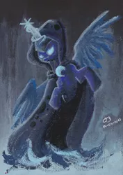 Size: 1978x2793 | Tagged: acrylic painting, artist:reptilianbirds, cloak, clothes, derpibooru import, glowing eyes, glowing horn, horn, magic, princess luna, safe, snow, solo, spirit of hearth's warming yet to come, traditional art