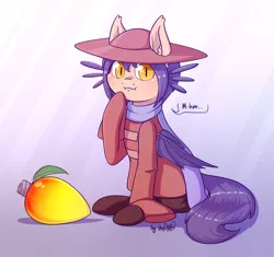 Size: 2760x2595 | Tagged: safe, artist:dsp2003, derpibooru import, ponified, bat pony, pony, :3, :3c, crossover, cute, female, food, lightbulb, mango, niko (oneshot), oneshot, smiling, solo