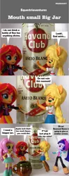 Size: 819x2060 | Tagged: safe, artist:whatthehell!?, derpibooru import, edit, applejack, fluttershy, sunset shimmer, twilight sparkle, equestria girls, alcohol, doll, equestria girls minis, irl, jar, parody, photo, rum, toy