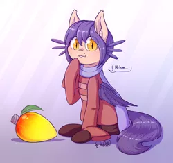 Size: 2760x2595 | Tagged: safe, alternate version, artist:dsp2003, derpibooru import, ponified, bat pony, pony, :3, :3c, crossover, cute, female, food, lightbulb, mango, niko (oneshot), oneshot, smiling, solo