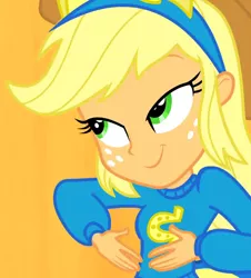 Size: 650x720 | Tagged: safe, derpibooru import, screencap, applejack, equestria girls, equestria girls (movie), cropped, freckles, helping twilight win the crown, solo, wondercolts, wondercolts uniform