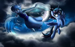 Size: 2700x1700 | Tagged: safe, artist:elmutanto, derpibooru import, oc, oc:sapphire sky, alicorn, pony, alicorn oc, crossover, duo, duo female, female, flying, horn, lapis lazuli (steven universe), moon, night, steven universe, wings