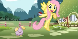 Size: 1259x634 | Tagged: crossover, derpibooru import, faic, fluttershy, pokéball, pokémon, pokémon advanced, pokémon emerald, pokémon ruby and sapphire, pumbloom, safe, whismur