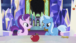 Size: 400x225 | Tagged: safe, derpibooru import, edit, screencap, starlight glimmer, trixie, pony, unicorn, all bottled up, the cutie re-mark, twilight's kingdom, alternate timeline, animated, apple, ashlands timeline, bad end, barren, discovery family logo, female, food, gif, implied genocide, mare, post-apocalyptic, twilight's castle, wasteland