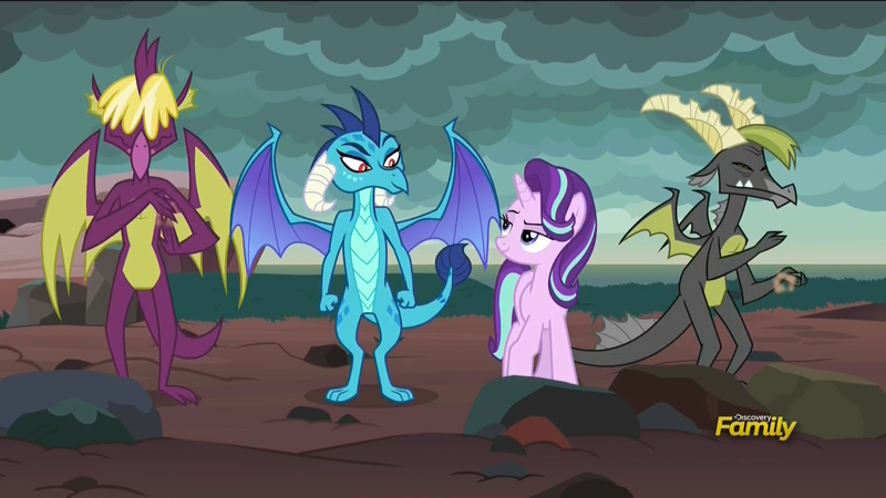 Size: 1920x1080 | Tagged: safe, derpibooru import, screencap, baff, fume, princess ember, spear (dragon), starlight glimmer, dragon, pony, unicorn, celestial advice, bedroom eyes, discovery family logo, eye contact, female, looking at each other, male