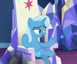 Size: 1725x1440 | Tagged: safe, derpibooru import, screencap, trixie, pony, all bottled up, cropped, crossed legs, cutie mark, element of magic, sitting, solo, throne, throne room, twilight's castle