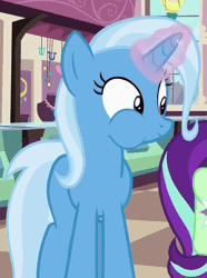 Size: 438x590 | Tagged: safe, derpibooru import, screencap, starlight glimmer, trixie, pony, unicorn, all bottled up, animated, aweeg*, cropped, cute, diatrixes, eating, female, gif, glowing horn, horn, loop, mare, offscreen character, solo focus