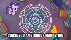 Size: 1067x599 | Tagged: safe, derpibooru import, edit, edited screencap, screencap, starlight glimmer, sunburst, pony, celestial advice, bird's eye view, caption, chalk, female, image macro, magic, magic circle, male, mare, meme, stallion, text