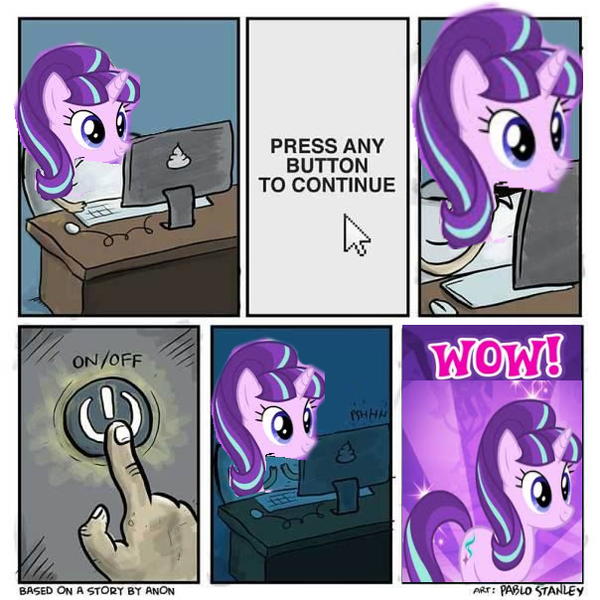 Size: 604x604 | Tagged: artist:pablo stanley, computer, derpibooru import, edit, meme, power button, safe, starlight glimmer, wow! glimmer