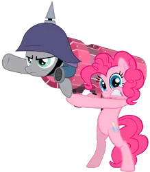 Size: 1038x1186 | Tagged: safe, artist:brony-works, artist:maximillianveers, derpibooru import, maud pie, pinkie pie, earth pony, pony, maud pie (episode), bipedal, cannon, cannon ponies, female, mare, pickelhaube, pinkie launcher, rocket launcher, simple background, transparent background, vector
