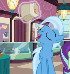 Size: 408x432 | Tagged: safe, derpibooru import, screencap, starlight glimmer, trixie, pony, all bottled up, animated, aweeg*, cinnamon nuts, cropped, cute, diatrixes, eating, food, gif, glowing horn, horn, magic, puffy cheeks, solo focus, telekinesis, tongue out
