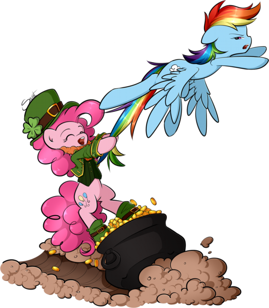 Size: 1000x1146 | Tagged: safe, artist:secret-pony, derpibooru import, pinkie pie, rainbow dash, funny, holiday, leprechaun, pot of gold, saint patrick's day, tail, tail pull