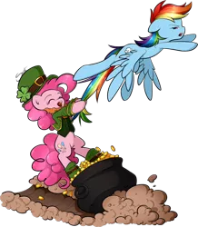 Size: 1000x1146 | Tagged: safe, artist:secret-pony, derpibooru import, pinkie pie, rainbow dash, funny, holiday, leprechaun, pot of gold, saint patrick's day, tail, tail pull