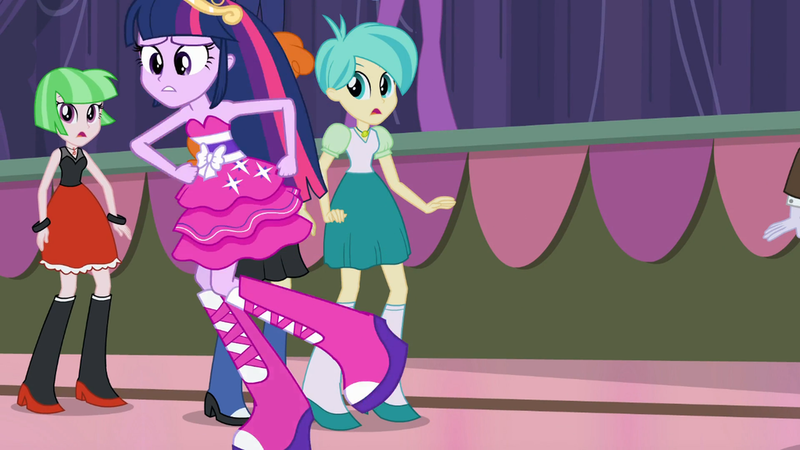 Size: 1024x576 | Tagged: safe, derpibooru import, screencap, golden hazel, tennis match, twilight sparkle, watermelody, equestria girls, equestria girls (movie), big crown thingy, boots, bracelet, crown, element of magic, fall formal outfits, high heel boots, jewelry, raised leg, regalia, shoes, twilight ball dress