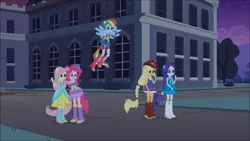 Size: 1024x576 | Tagged: safe, derpibooru import, screencap, applejack, fluttershy, pinkie pie, rainbow dash, rarity, equestria girls, equestria girls (movie), boots, bracelet, canterlot high, cowboy boots, cowboy hat, fall formal outfits, hat, high heel boots, humane five, jewelry, mane five, ponied up, pony ears, ponytail, shoes, top hat, tree, wings