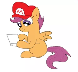 Size: 503x467 | Tagged: safe, artist:madikatfangirl, derpibooru import, scootaloo, pegasus, pony, 4chan, cap, drawthread, female, filly, hat, mario's hat, nintendo, nintendo ds, sitting, smiling, solo, spread wings, wings