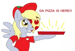 Size: 711x482 | Tagged: safe, artist:madikatfangirl, derpibooru import, derpy hooves, pegasus, pony, semi-anthro, 4chan, cap, clothes, drawthread, food, hat, hilarious in hindsight, i just don't know what went wrong, meat, name tag, pepperoni, pepperoni pizza, pizza, pizza box, pizza delivery, shirt, simple background, smiling, solo, white background