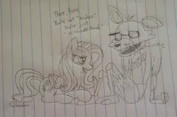 Size: 1067x703 | Tagged: safe, artist:madikatfangirl, derpibooru import, fluttershy, fox, pegasus, pony, crossover, dialogue, eye contact, five nights at freddy's, foxy, lined paper, looking at each other, open mouth, pencil drawing, prone, sitting, traditional art