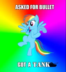 Size: 500x545 | Tagged: advice meme, caption, derpibooru import, exploitable meme, image macro, meme, rainbow dash, safe, tank (vehicle), text