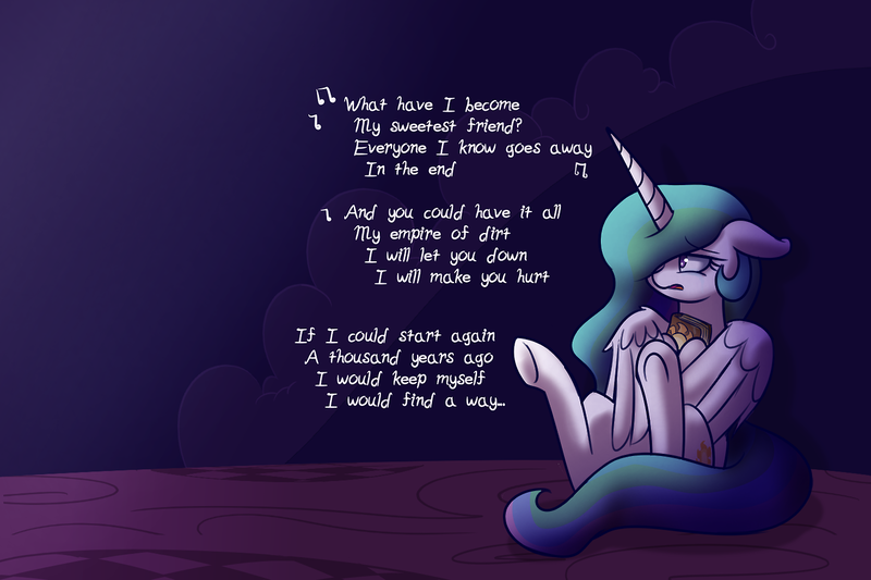 Size: 1280x852 | Tagged: safe, artist:heir-of-rick, derpibooru import, princess celestia, alicorn, pony, hurt (song), johnny cash, nine inch nails, sad, solo, song reference