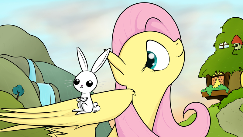 Size: 7680x4320 | Tagged: safe, artist:cloudyskieswrites, derpibooru import, angel bunny, fluttershy, pony, absurd resolution, bust, duo, fluttershy's cottage, looking sideways, profile, spread wings, waterfall, wings