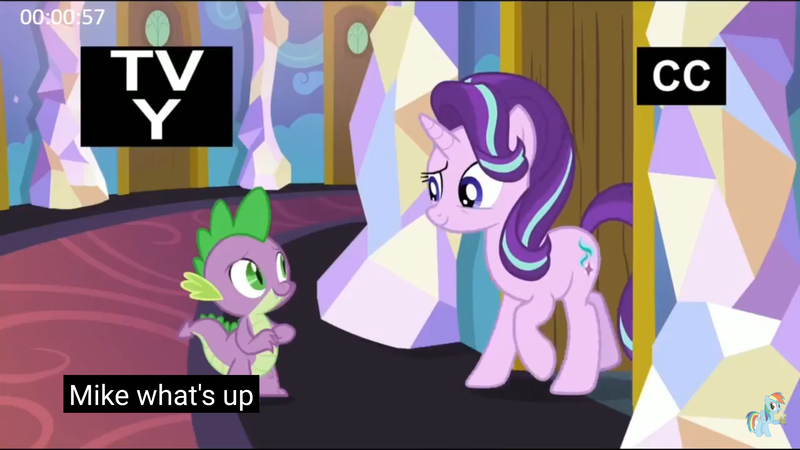 Size: 2560x1440 | Tagged: safe, derpibooru import, edit, edited screencap, screencap, spike, starlight glimmer, dragon, pony, unicorn, celestial advice, caption, closed captioning, female, male, mare, meme, mike, twilight's castle, youtube caption