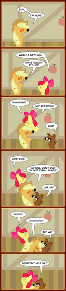 Size: 600x2635 | Tagged: apple bloom, appledog, applehound, applejack, artist:turag, comic, comic:ponies!!!, derpibooru import, dog, dogified, female, leg humping, lesbian, magic, shipping, species swap, suggestive, transformation, winojack, winona