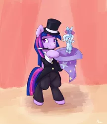 Size: 1250x1450 | Tagged: safe, artist:alasou, deleted from derpibooru, derpibooru import, trixie, twilight sparkle, twilight sparkle (alicorn), alicorn, pony, rabbit, animal, bunnified, bunny out of the hat, clothes, cuffs (clothes), cute, duo, hat, magic, magic show, magic trick, magic wand, magician, mouth hold, species swap, telekinesis, top hat, trixie's hat