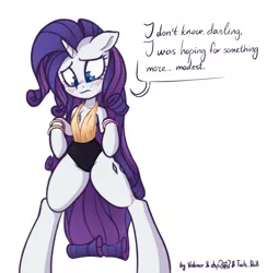 Size: 1122x1148 | Tagged: safe, artist:dsp2003, artist:lalieri, artist:lovepaddles, derpibooru import, rarity, pony, semi-anthro, unicorn, 80's fashion, bipedal, blushing, clothes, collaboration, colored, dialogue, dressup game, leotard, simple background, solo, white background