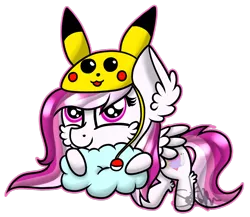 Size: 1024x889 | Tagged: artist:saturnstar14, chibi, cute, derpibooru import, oc, oc:comfy dove, outline, pikachu, pillow, pokémon, pokemon hat, safe, unofficial characters only