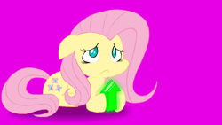 Size: 640x360 | Tagged: safe, artist:welcometoplok, derpibooru import, fluttershy, pegasus, pony, :<, animated, blushing, bronybait, cute, eyes closed, female, floppy ears, frown, gif, hnnng, hoof hold, looking at something, looking down, looking up, mare, open mouth, pink background, prone, purple background, reaction image, shy, shyabetes, simple background, solo, stuttering, take this, talking, text, upvote, upvote bait