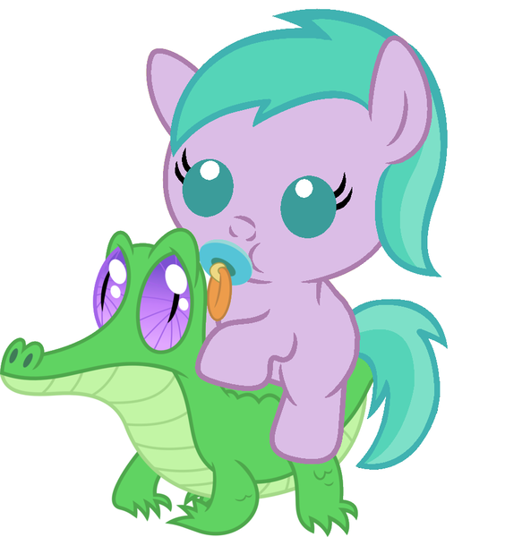 Size: 886x942 | Tagged: safe, artist:red4567, derpibooru import, aura (character), gummy, alligator, pony, aurabetes, baby, baby pony, cute, pacifier, ponies riding gators, riding