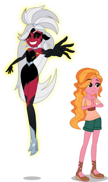 Size: 3574x6000 | Tagged: safe, artist:orin331, derpibooru import, idw, lord tirek, sunflower (character), dancerverse, equestria girls, absurd resolution, alternate universe, clothes, duo, equestria girls-ified, equestria guys, evil grin, grin, idw showified, lady tirek, looking at you, male, rule 63, simple background, smiling, transparent background