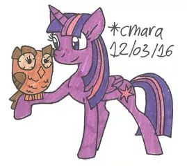 Size: 766x684 | Tagged: safe, artist:cmara, derpibooru import, owlowiscious, twilight sparkle, twilight sparkle (alicorn), alicorn, bird, owl, pony, traditional art