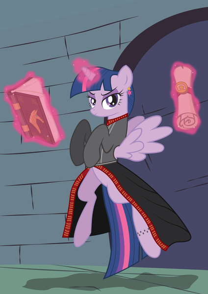 Size: 3000x4243 | Tagged: safe, artist:cxfantasy, derpibooru import, twilight sparkle, twilight sparkle (alicorn), alicorn, pony, absurd resolution, book, demon's souls, fool's idol, glowing horn, horn, magic, pegasus wings, scroll, solo, telekinesis, video game, wings