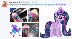 Size: 582x317 | Tagged: safe, derpibooru import, twilight sparkle, twilight sparkle (alicorn), alicorn, pony, ethereal mane, meta, starbucks, starry mane, tara strong, twitter, unicorn frappuccino