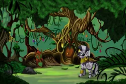 Size: 1024x683 | Tagged: artist:thefinallion, derpibooru import, everfree forest, forest, looking at you, looking back, safe, smiling, solo, tensik, tree, zebra, zecora, zecora's hut