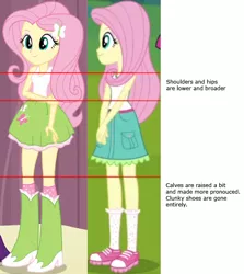 Size: 550x617 | Tagged: safe, derpibooru import, edit, edited screencap, screencap, fluttershy, equestria girls, equestria girls (movie), legend of everfree, art evolution, boots, camp everfree outfits, clothes, comparison, cute, high heel boots, shoes, skirt, socks, solo