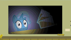Size: 800x449 | Tagged: safe, derpibooru import, edit, edited screencap, screencap, trixie, pony, unicorn, a flurry of emotions, :>, a thousand nights in a hallway, animated, chocolate, chocolate milk, everything is ruined, exploitable meme, food, gif, looking at you, meme, milk, pure unfiltered evil, smiling, solo, spilled milk, table, wide eyes