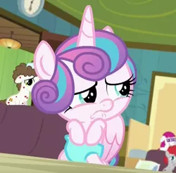 Size: 414x407 | Tagged: safe, derpibooru import, screencap, princess flurry heart, super funk, train tracks (character), pony, a flurry of emotions, about to cry, cropped, diaper, horsey hives, ponyville hospital, sad