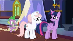 Size: 1920x1080 | Tagged: safe, derpibooru import, screencap, nurse redheart, spike, twilight sparkle, twilight sparkle (alicorn), alicorn, dragon, pony, a flurry of emotions, twilight's castle