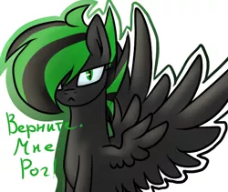 Size: 552x466 | Tagged: safe, artist:stormer, derpibooru import, oc, oc:starstorm, unofficial characters only, pegasus, pony, :<, cyrillic, female, lidded eyes, looking at you, mare, race swap, russian, simple background, solo, spread wings, white background, wings
