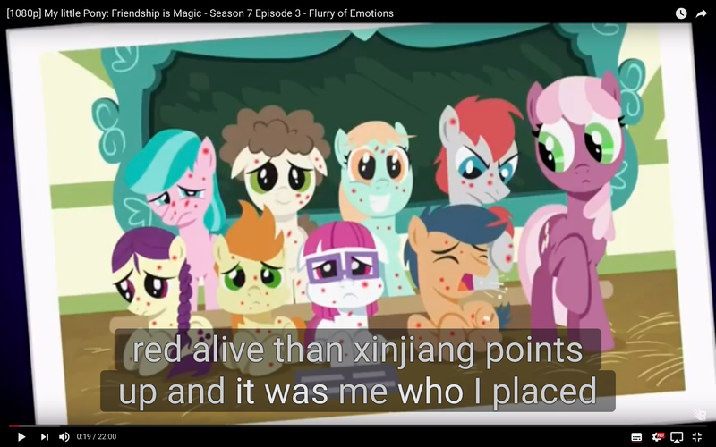 Size: 1920x1200 | Tagged: safe, derpibooru import, edit, edited screencap, screencap, aquamarine, boysenberry, cheerilee, first base, gallop j. fry, little red, peach fuzz, super funk, train tracks (character), pony, a flurry of emotions, caption, chalkboard, horsey hives, meme, ponyville schoolhouse, youtube caption