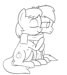 Size: 900x1000 | Tagged: safe, artist:unsavorydom, derpibooru import, peach fuzz, train tracks (character), pony, a flurry of emotions, clothes, cute, horsey hives, hug, monochrome, scarf, sick