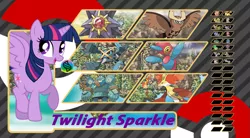 Size: 951x526 | Tagged: safe, artist:alphamonouryuuken, derpibooru import, twilight sparkle, twilight sparkle (alicorn), alicorn, delphox, noctowl, pony, porygon-z, starmie, crossover, pokémon, trainer card