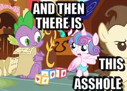 Size: 480x343 | Tagged: a flurry of emotions, and then there's this asshole, caption, derpibooru import, dragon, image macro, meme, pound cake, princess flurry heart, safe, screencap, spike, text, vulgar