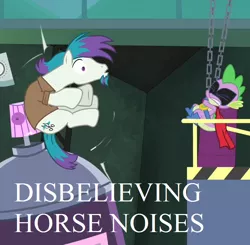 Size: 736x720 | Tagged: cropped, derpibooru import, descriptive noise, dragon, edit, edited screencap, hairspray ray of doom, horse noises, humdrum, power ponies, power ponies (episode), quick trim, safe, screencap, spike, text