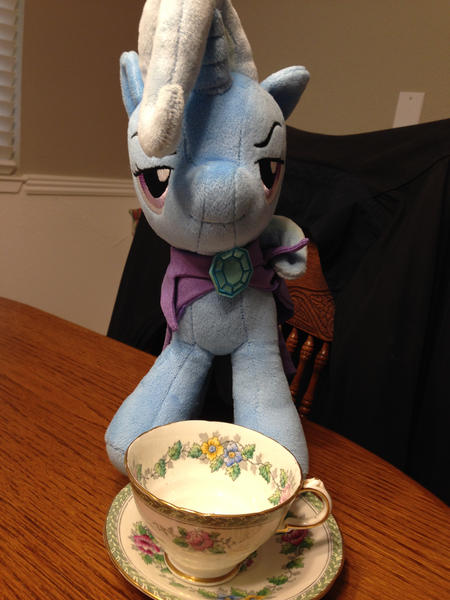 Size: 1268x1690 | Tagged: safe, derpibooru import, trixie, pony, unicorn, 4de, cape, clothes, cup, female, irl, mare, photo, plushie, teacup, that pony sure does love teacups, trixie's cape