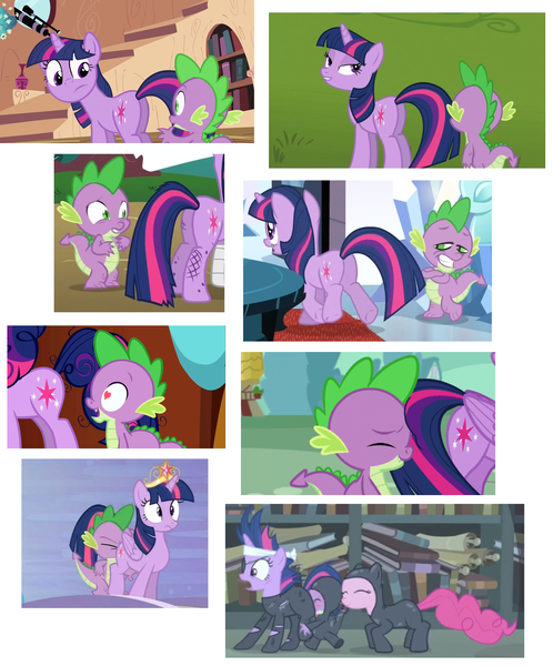 Size: 2160x2600 | Tagged: safe, derpibooru import, screencap, pinkie pie, spike, twilight sparkle, twilight sparkle (alicorn), alicorn, dragon, pony, unicorn, butt, faceful of ass, female, mare, plot, spike running into twilight's rear